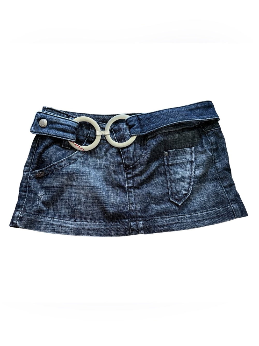 Y2K Miss Sixty Denim Belted Micro Mini Low Rise Dark Wash Skirt Womens Small